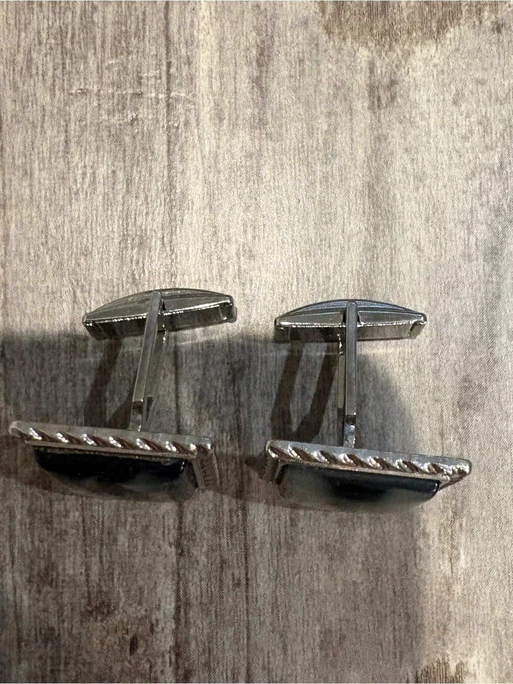 Silver Tone Cuff Links With Large Square Black/ White Swirl Inlay Stone